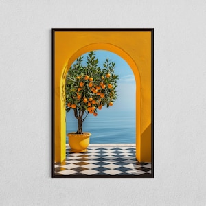 Mediterranean Orange Tree Print, DIGITAL DOWNLOAD, Italian Summer Wall Art, Coastal Arch Decor, Citrus Landscape Poster