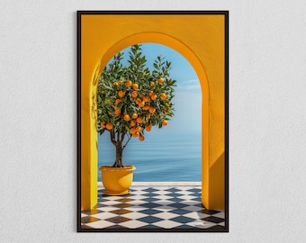 Mediterranean Orange Tree Art, Digital Download, Coastal Archway Print, Italian Summer Decor