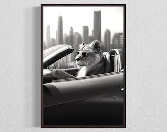 Impression d'art Lionne au volant d'une Ferrari : décoration animalière lunatique (téléchargement numérique)