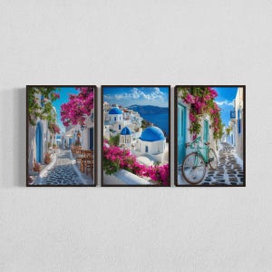 Lot de 3 oeuvres d'art murales de Santorin, téléchargement numérique, décoration d'île grecque, estampes côtières de la Méditerranée