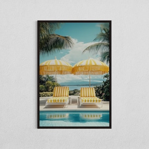 Yellow Striped Umbrella Poolside Digital Download, Tropical Patio Wall Art, Vibrant Summer Decor