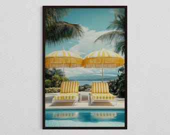 Yellow Striped Umbrella Poolside Digital Download, Tropical Patio Wall Art, Vibrant Summer Decor
