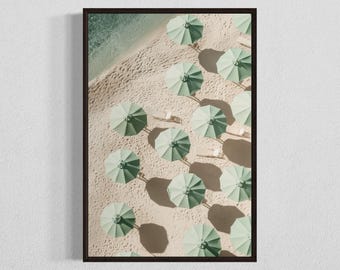 Green Beach Umbrellas Aerial Art Print: Coastal Summer Decor (Digital Download)
