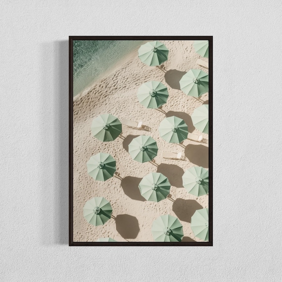 Green Beach Umbrellas Aerial Art Print: Coastal Summer Decor (Digital Download)