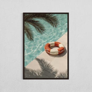 May include: A red and white life preserver ring floating in a blue swimming pool with palm tree leaves casting shadows on the pool deck.