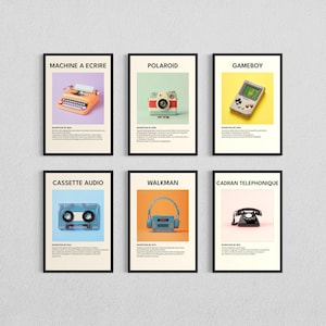May include: Six framed posters featuring vintage technology. The posters display a typewriter, Polaroid camera, Gameboy, cassette tape, Walkman, and rotary phone. Each poster has the name of the item in large text and a brief description.