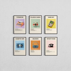 以下が含まれることがあります： タイプライター、ポラロイドカメラ、ゲームボーイ、カセットテープ、ウォークマン、ロータリー電話など、レトロなテクノロジーをフィーチャーした6つのレトロなポスター。各ポスターはカラフルな背景と白いタイトルが特徴です。