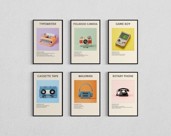 Set of 6 Retro Tech Prints Vintage Technology Wall Art Minimalist Digital Decor Classic Gadgets Art Digital Download Cool Office Decor Retro