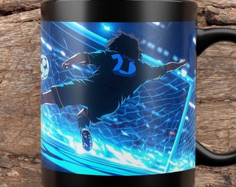 Op voetbalactie blauw slot geïnspireerde zwarte mok - perfect voor sportfans, cadeau voor spelers, teamgeest, verzamelobject voor koffieliefhebbers, 11oz 15oz