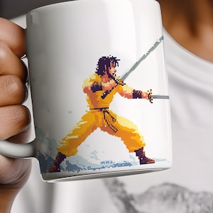 Pixel Art Warriors Ceramic Mug, Unique Coffee Cup, Retro Gamer Gift, 11oz & 15oz Sizes, Perfect for Birthdays and Holidays