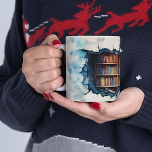 3D Bookshelf Mug – Unique Cracked Wall Coffee Mug for Book Lovers, Artistic Ceramic Mug, Bookworm Gift, Library and Reading Lover Gift Idea