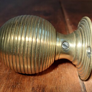 May include: A brass door knob with a ribbed, rounded design. The knob has a flat, circular base with a concentric ring pattern.
