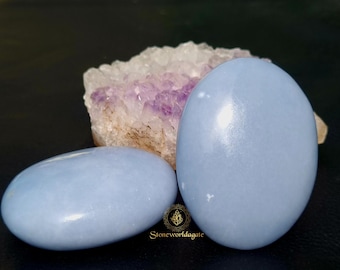 Angelite Palm Stone: Hand-Polished Blue Crystal for Calm & Meditation