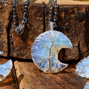 Opalite Crescent Moon Tree of Life Necklace | Wire Wrapped Crystal Pendant for Healing & Gifts | Spiritual Jewelry