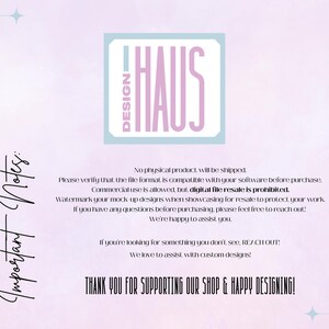 Pode incluir: Um design digital com o texto "HAUS DESIGN" em uma moldura retangular azul claro e rosa. O fundo &eacute; um gradiente de roxo claro e rosa. O texto na parte inferior diz "THANK YOU FOR SUPPORTING OUR SHOP & HAPPY DESIGNING!"
