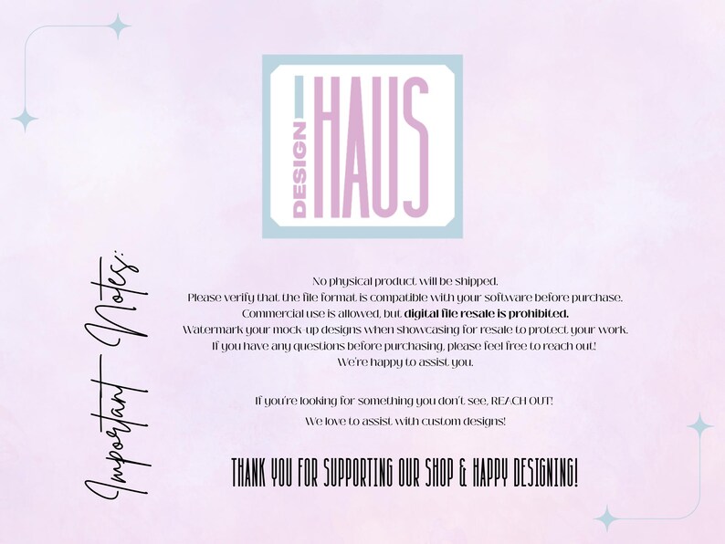 Pode incluir: Um design digital com o texto "HAUS DESIGN" em uma moldura retangular azul claro e rosa. O fundo &eacute; um gradiente de roxo claro e rosa. O texto na parte inferior diz "THANK YOU FOR SUPPORTING OUR SHOP & HAPPY DESIGNING!"