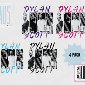 May include: Four digital downloads of a black and white photo of Dylan Scott. The photo is in a grid format with the name "Dylan Scott" in purple, pink, and blue text.