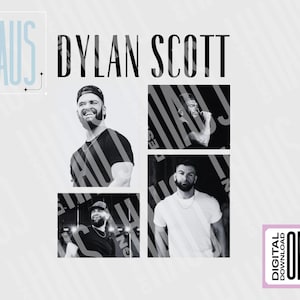May include: Black and white photo collage featuring four images of Dylan Scott, a country music singer. The collage includes a close-up of Dylan Scott's face, a full-body shot of him performing on stage, and two additional photos of him performing.