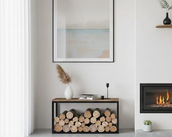 Stylish Modern Firewood Rack, Metal Log Holder with Wooden Shelf for Elegant Home Decor