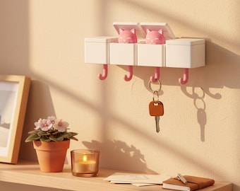 Pink Cat Wall Key Holder, Adorable Animal Key Hook for Entryway Decor
