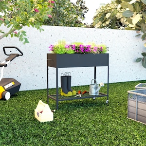 Raised Garden Bed With Storage Shelf, Mobile Outdoor Flower & Herb Box