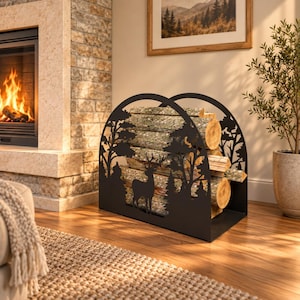 Woodland Deer Firewood Rack, Metal Log Holder for Decorative Indoor Fireplace Storage