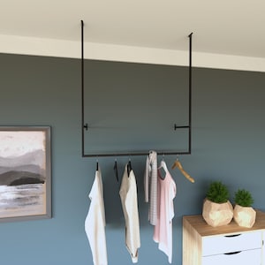 Industrial Ceiling Mounted Clothes Hanger Rack, Space Saving Garment Rail Organizer