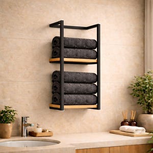 Wall towel storage rack in spa style bathroom