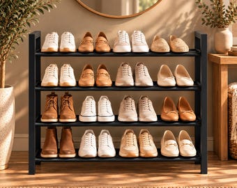 May include: A four-tier black metal shoe rack holding sixteen pairs of footwear, including white sneakers, tan loafers, beige flats, brown boots, and light-colored casual shoes arranged neatly across the horizontal shelves.