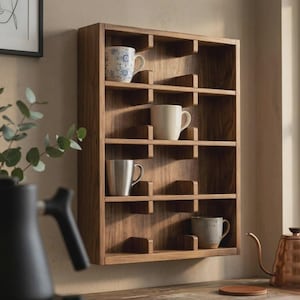 May include: A wooden wall-mounted mug rack with multiple shelves, displaying various mugs. The mugs are in different colors and styles, including a blue and white floral design, a plain white mug, a silver mug, and a speckled gray mug. The rack is made of dark wood.