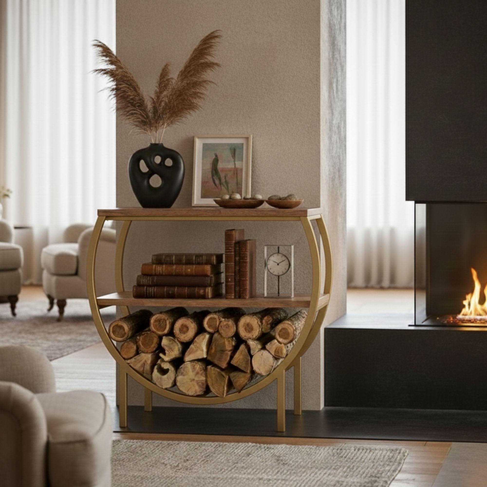 Stylish Log Rack Half-moon Firewood Rack With Shelves, Stylish Indoor Log Holder ...