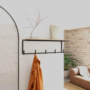 Wall Mounted Coat Rack with Wooden Shelf, Entryway Organizer