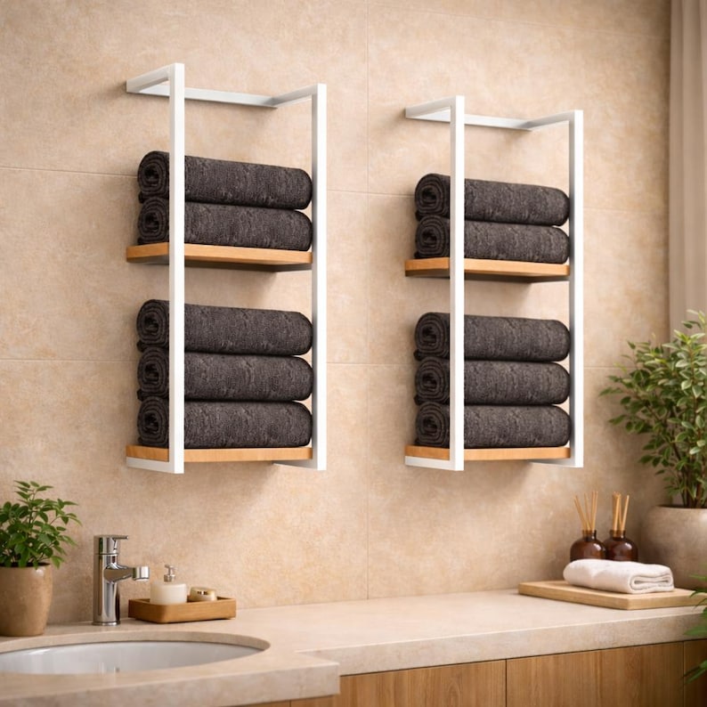 Modern towel shelf mounted on wall with stacked towels