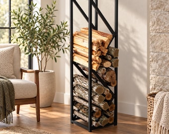 Modern Tall Firewood Rack with Angled Dividers, Metal Log Holder for Indoor Fireplace Storage