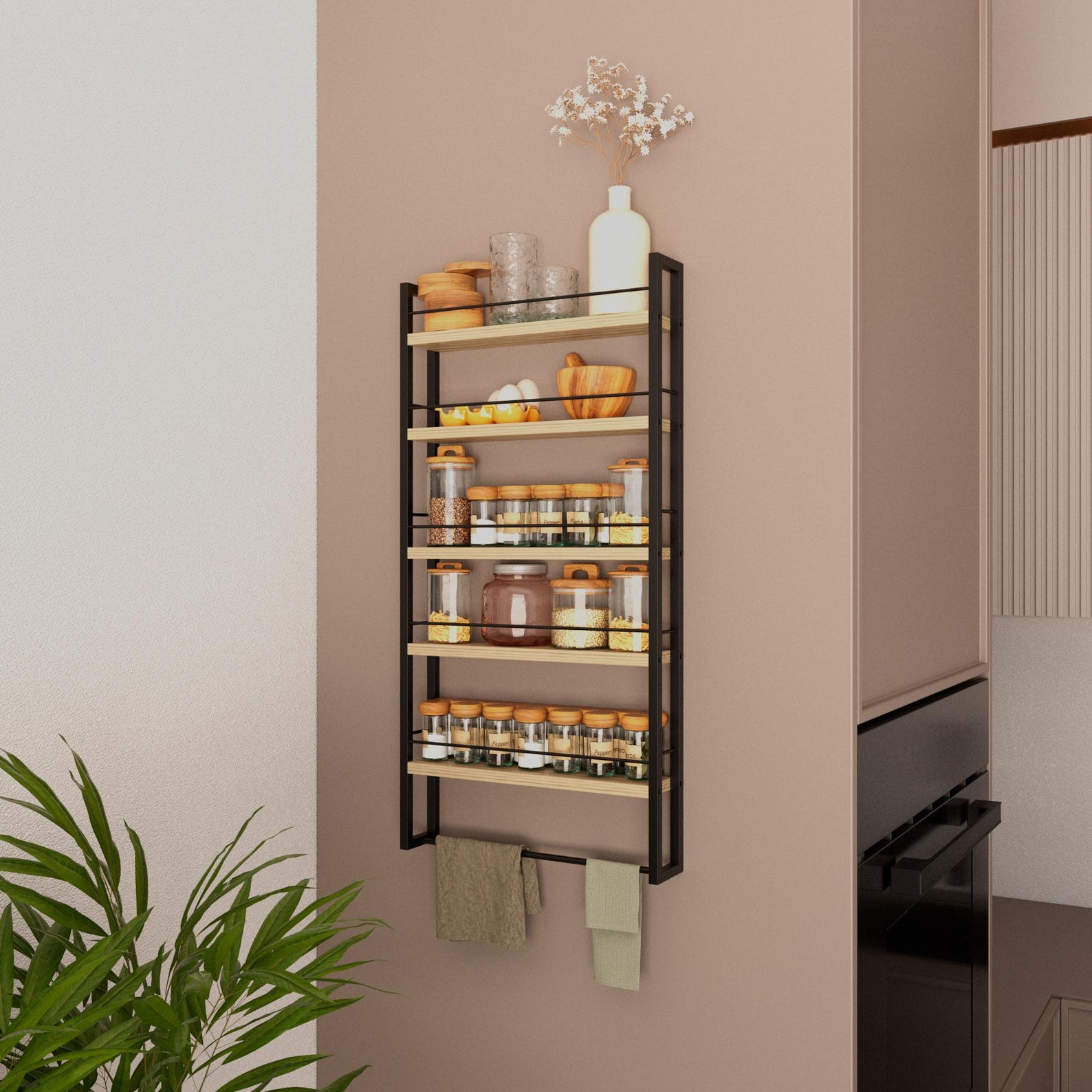 Wall Mounted Spice Rack, Metal & Wood Kitchen Organizer With Towel Bar ...