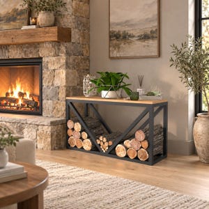 Table console moderne avec range-bûches, rangement pour bûches en métal et bois