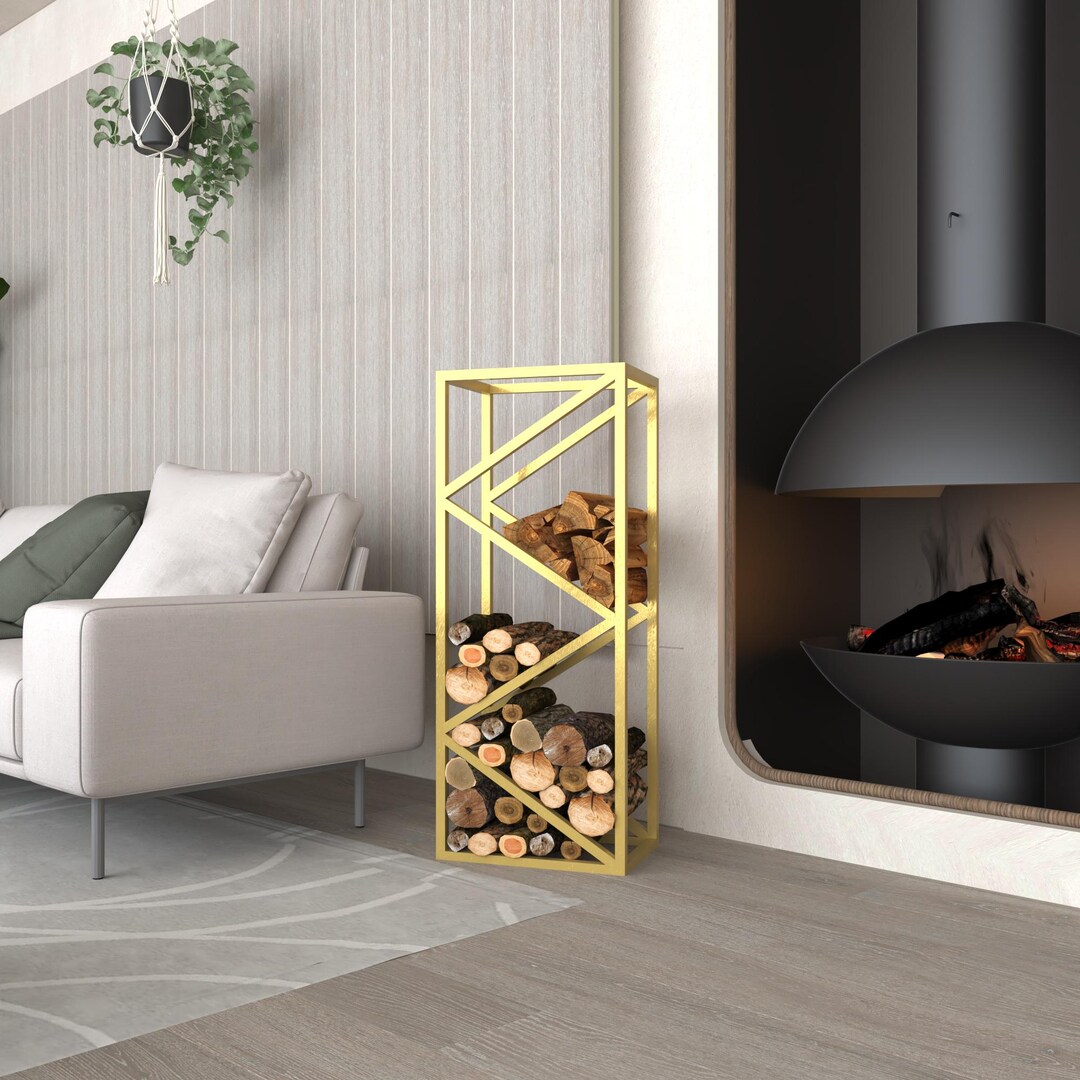 Stylish Log Rack Metal Firewood Rack, Modern Fireplace Log Holder, Vertical Indoor Wood ...
