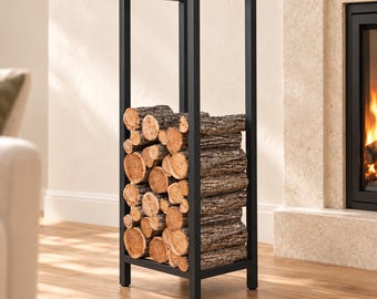 Slim Indoor Firewood Rack , Raised Metal Log Storage for Stylish Fireplace Organization