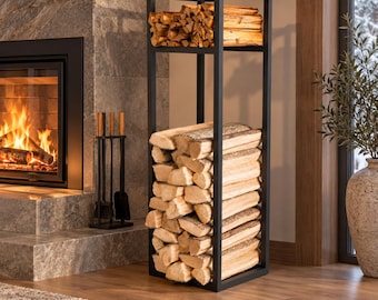 Modern Indoor Firewood Rack, Tall Metal Log Storage Stand with Kindling Shelf