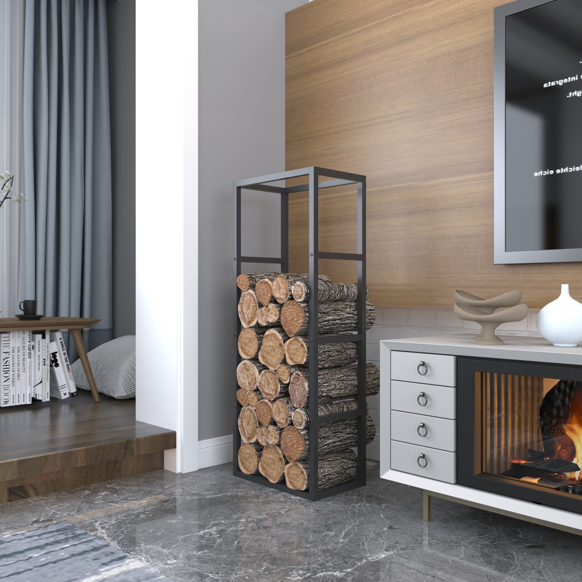 Log Rack Tower Tall Modern Firewood Rack for Indoor Use, Metal Log Holder, Vertical ...