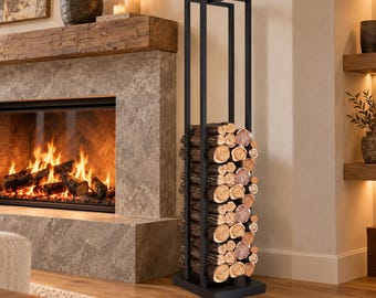Tall Metal Log Holder, Slim Indoor Firewood Rack for Modern Fireplace Storage