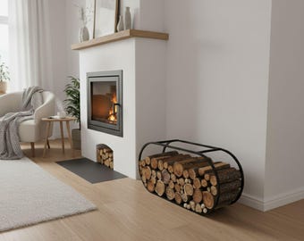 Modern Metal Oval Firewood Rack, Minimalist Log Holder for Indoor Fireplace