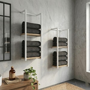 Wall Mounted Towel Holder with 2 Shelves, Metal Bathroom Storage Solution image 8