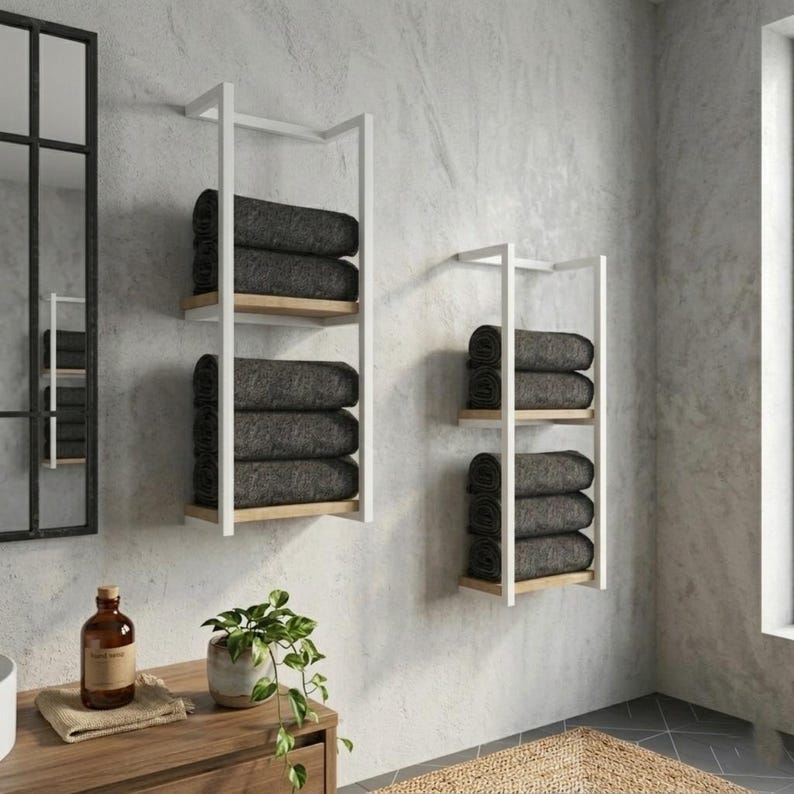 Wall Mounted Towel Holder with 2 Shelves, Metal Bathroom Storage Solution image 8