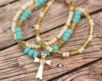Gold Sacred Heart Cross Bracelet with 3 Strands Seed Beads and Turquoise Rondelles Religious Jewelry B4