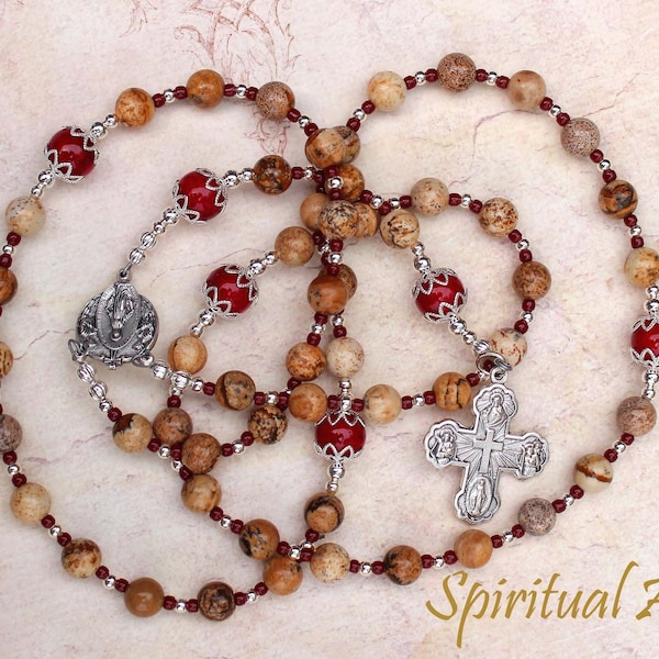 Varigated Picture Jasper Gemstone ~ Red Riverstone ~ Silver Finish 4-Way Medal Catholic Rosary ~ Miraculous Medal ~ Wire Strung Rosary  R50