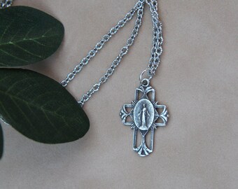 Zierliches Kreuz mit Maria ~ Wunderliche Medaille ~ 925 Sterling Silber ~ Katholische Medaille ~ katholisches Geschenk ~ Kreuz M333