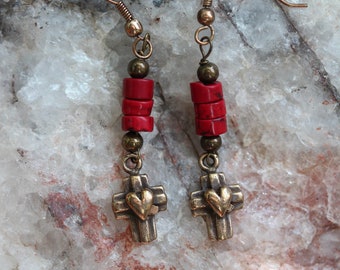 Zarte massive Bronze-Herz - Kreuz Ohrringe - rote Koralle - Tropfen Ohrringe - Christliche Ohrringe - religiöse Schmuck - Konfirmation Geschenk E20