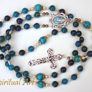 Blue Agate ~ Blue Magnesite ~ Silvertone Catholic Rosary ~ Miraculous Medal ~ Wire Strung Gemstone Rosary ~ Catholic Gift R45