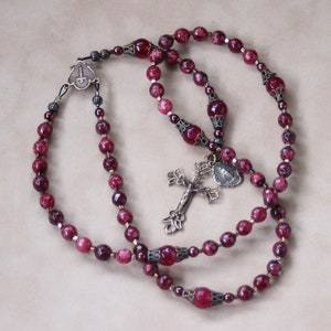 Dark Cranberry Red Malaysia Jade Catholic Rosary ~ Bronze 2 Sided Filigree Crucifix ~ Miraculous Medal ~ Smaller Gemstone Rosary ~ R77